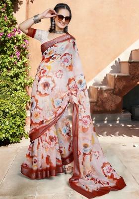 Off White Printed Cotton Linen Saree Set