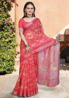 Red Printed Cotton Linen Saree Set
