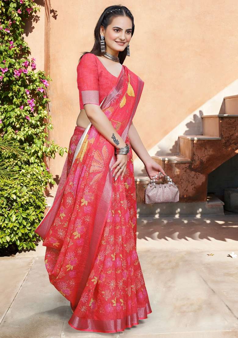 Red Printed Cotton Linen Saree Set - Indya