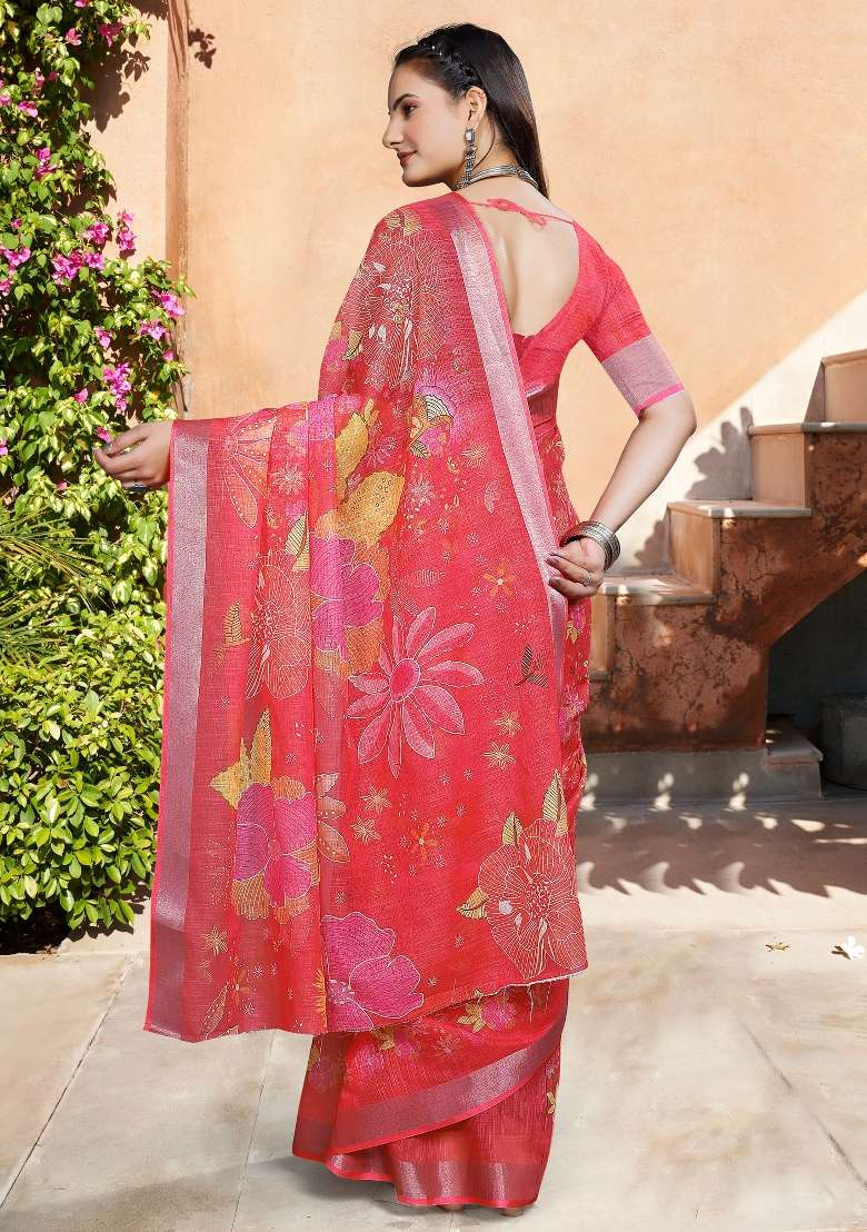 Red Printed Cotton Linen Saree Set - Indya