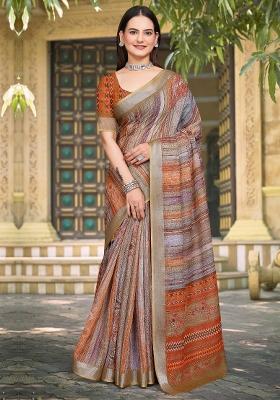Brown Printed Cotton Linen Saree Set