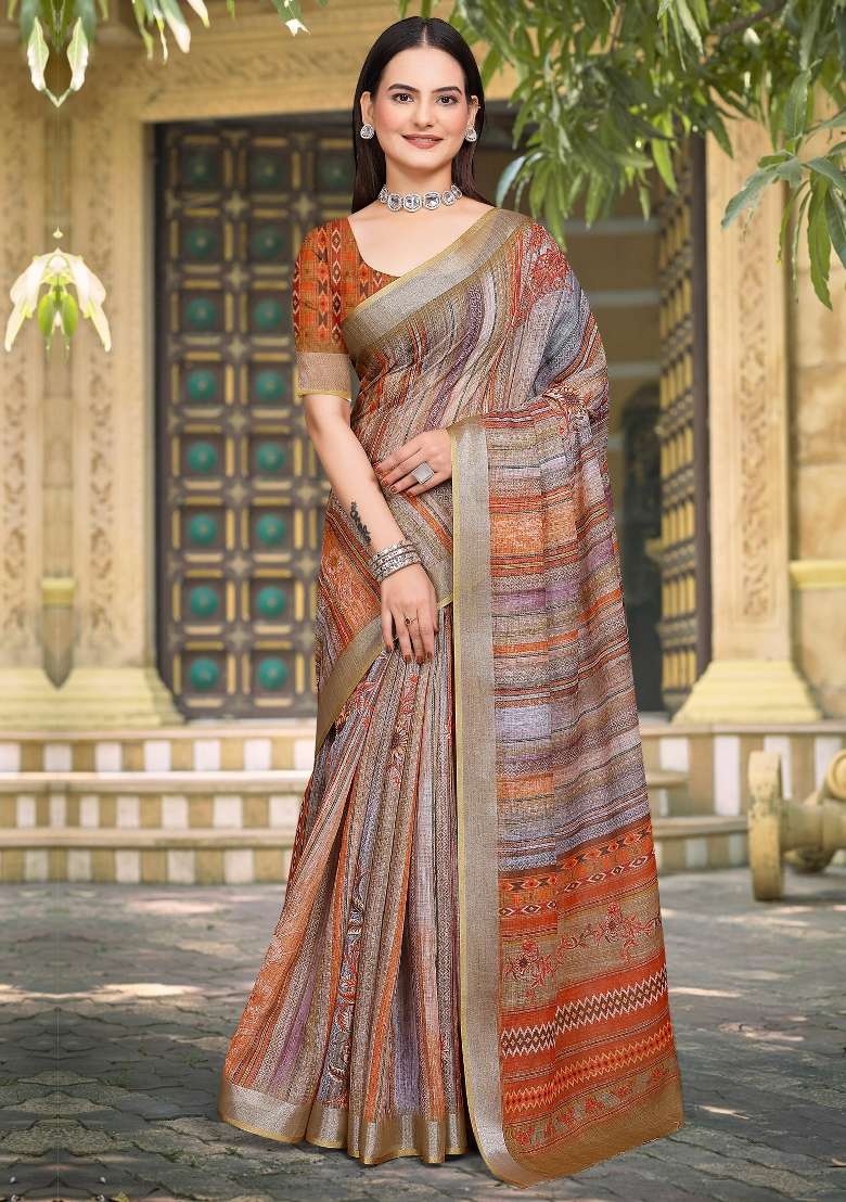 Brown Linen Cotton Saree Set with Printed for Diwali | Wedding & Festive Wear - Indya