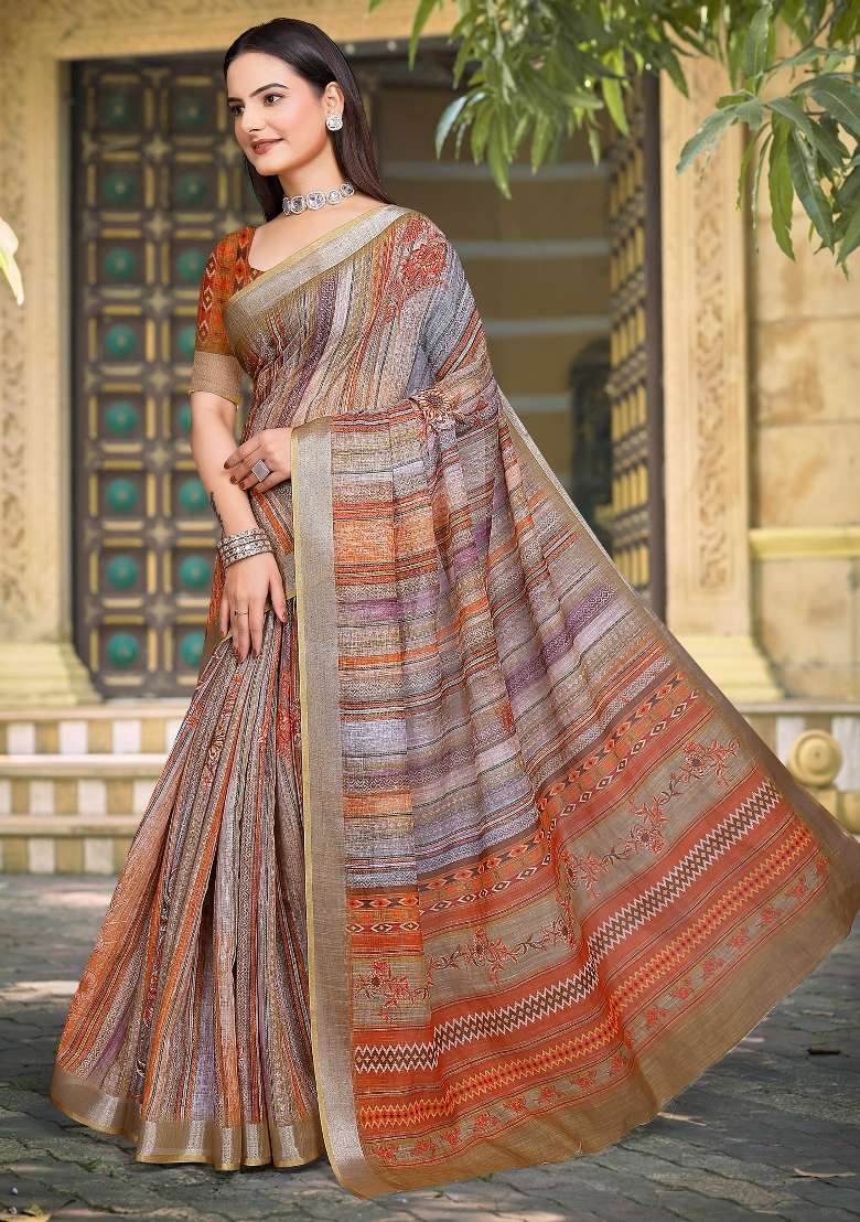 Brown Linen Cotton Saree Set with Printed for Diwali | Wedding & Festive Wear - Indya