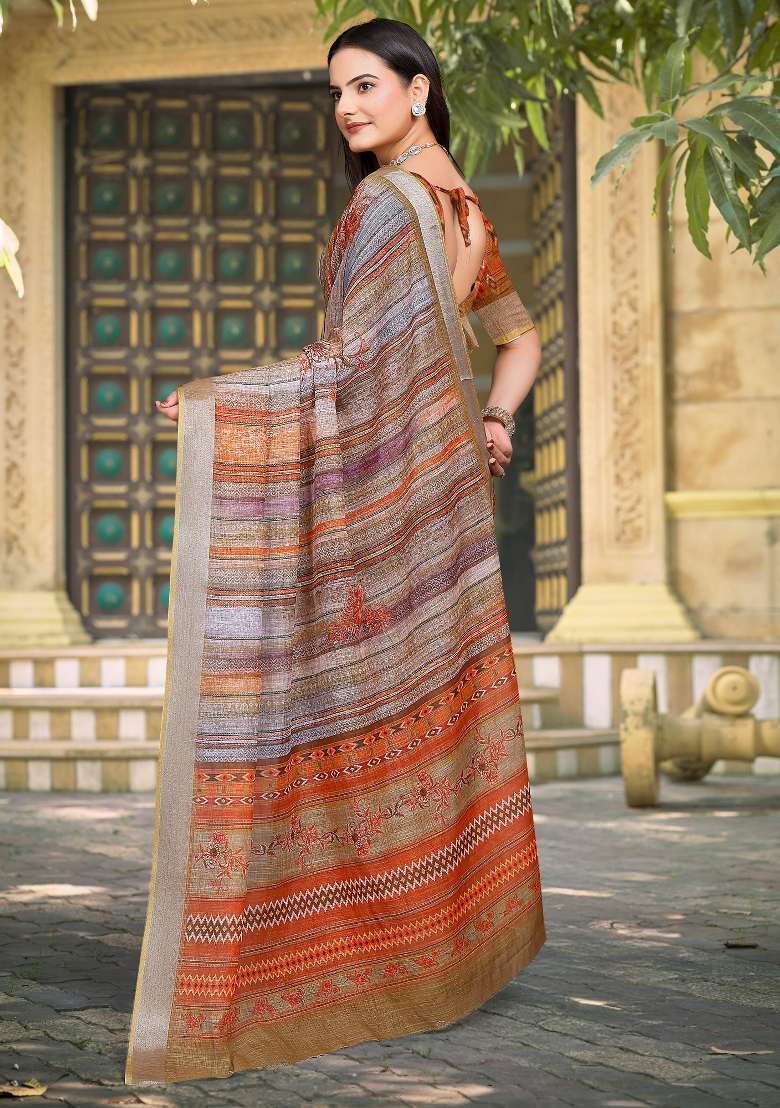 Brown Linen Cotton Saree Set with Printed for Diwali | Wedding & Festive Wear - Indya