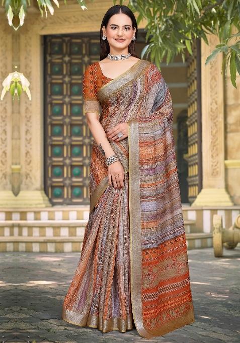 Brown Printed Cotton Linen Saree Set — view on Indya