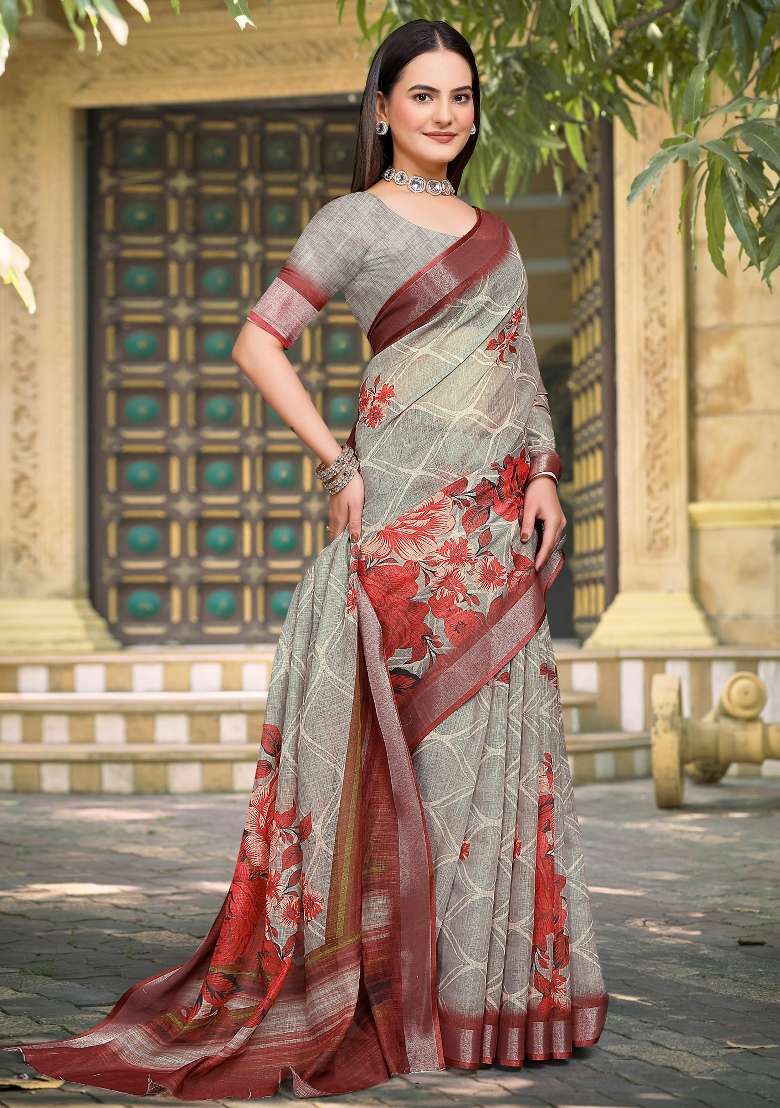 Sea Green Printed Cotton Linen Saree Set for Diwali and Festive Wear - Indya