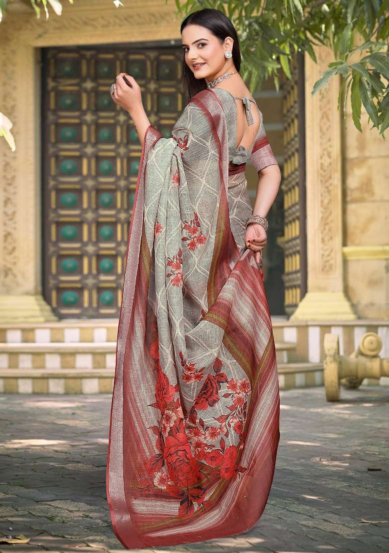 Sea Green Printed Cotton Linen Saree Set for Diwali and Festive Wear - Indya