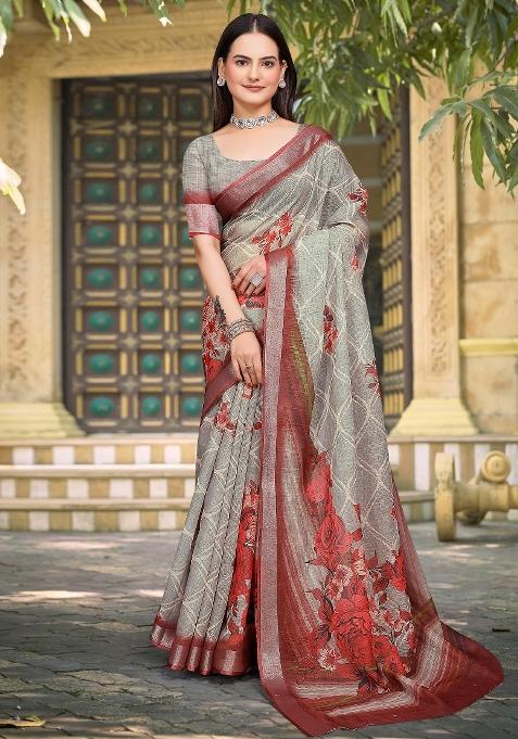 Sea Green Printed Cotton Linen Saree Set — view on Indya