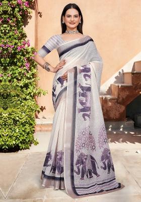 Off White Printed Cotton Linen Saree Set