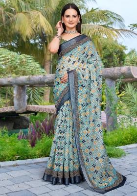 Light Blue Printed Cotton Linen Saree Set
