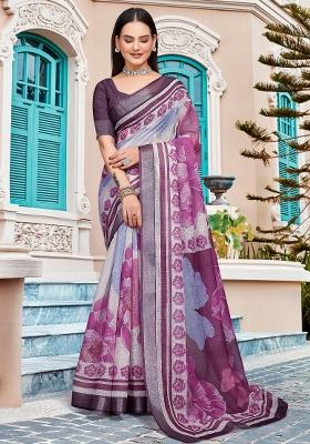 Magenta Printed Cotton Linen Saree Set