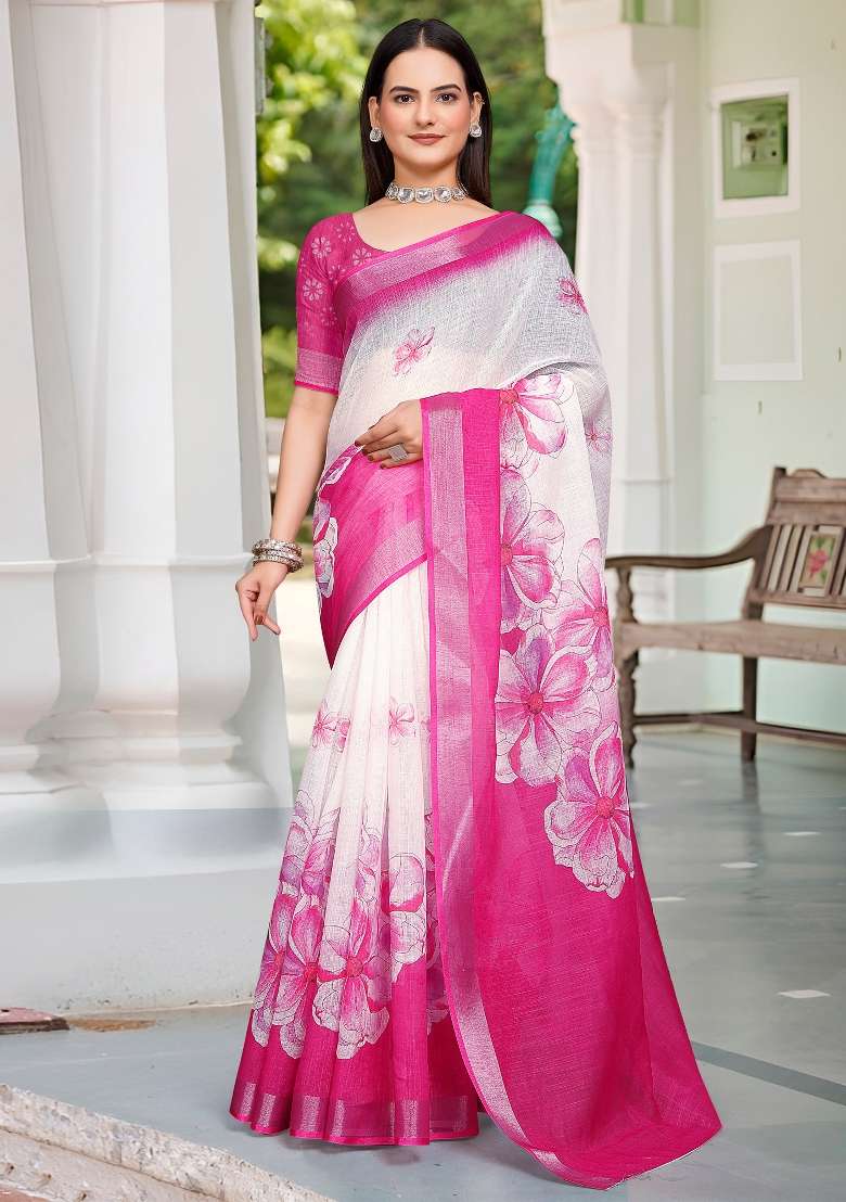 White Printed Cotton Linen Saree Set - Indya