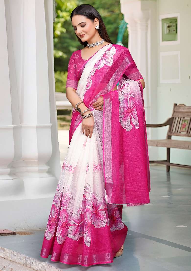 White Printed Cotton Linen Saree Set - Indya