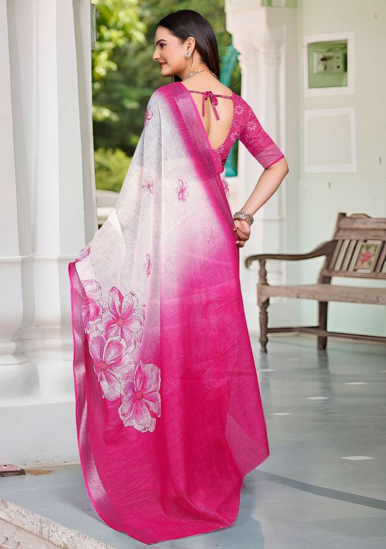 White Printed Cotton Linen Saree Set - Indya