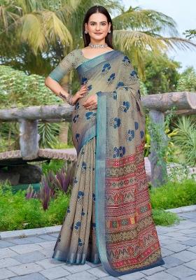 Sea Green Printed Cotton Linen Saree Set