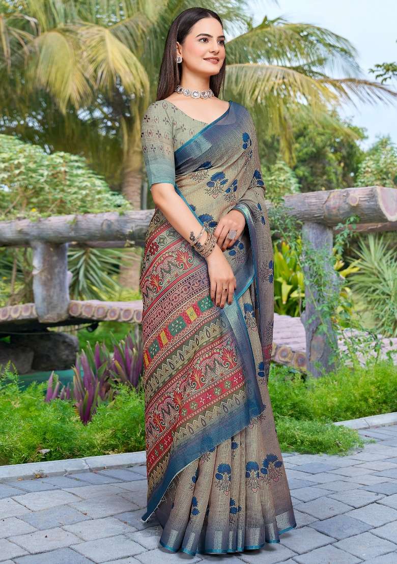 Sea Green Printed Cotton Linen Saree Set - Indya