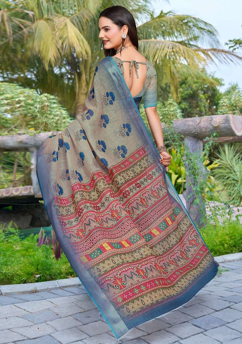 Sea Green Printed Cotton Linen Saree Set - Indya