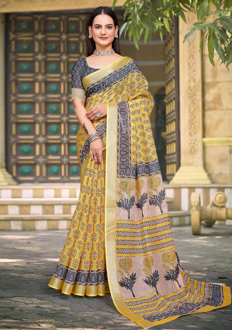 Yellow Printed Cotton Linen Saree Set - Indya