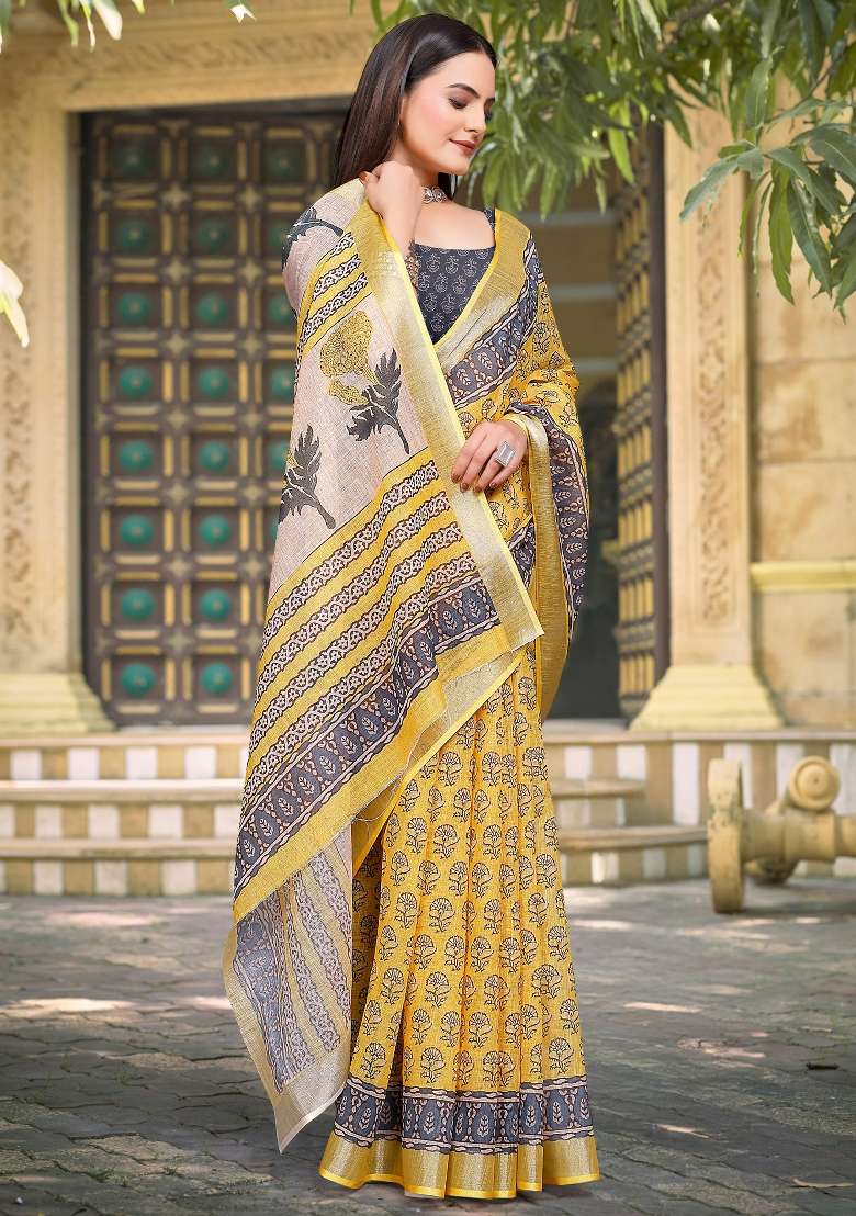 Yellow Printed Cotton Linen Saree Set - Indya