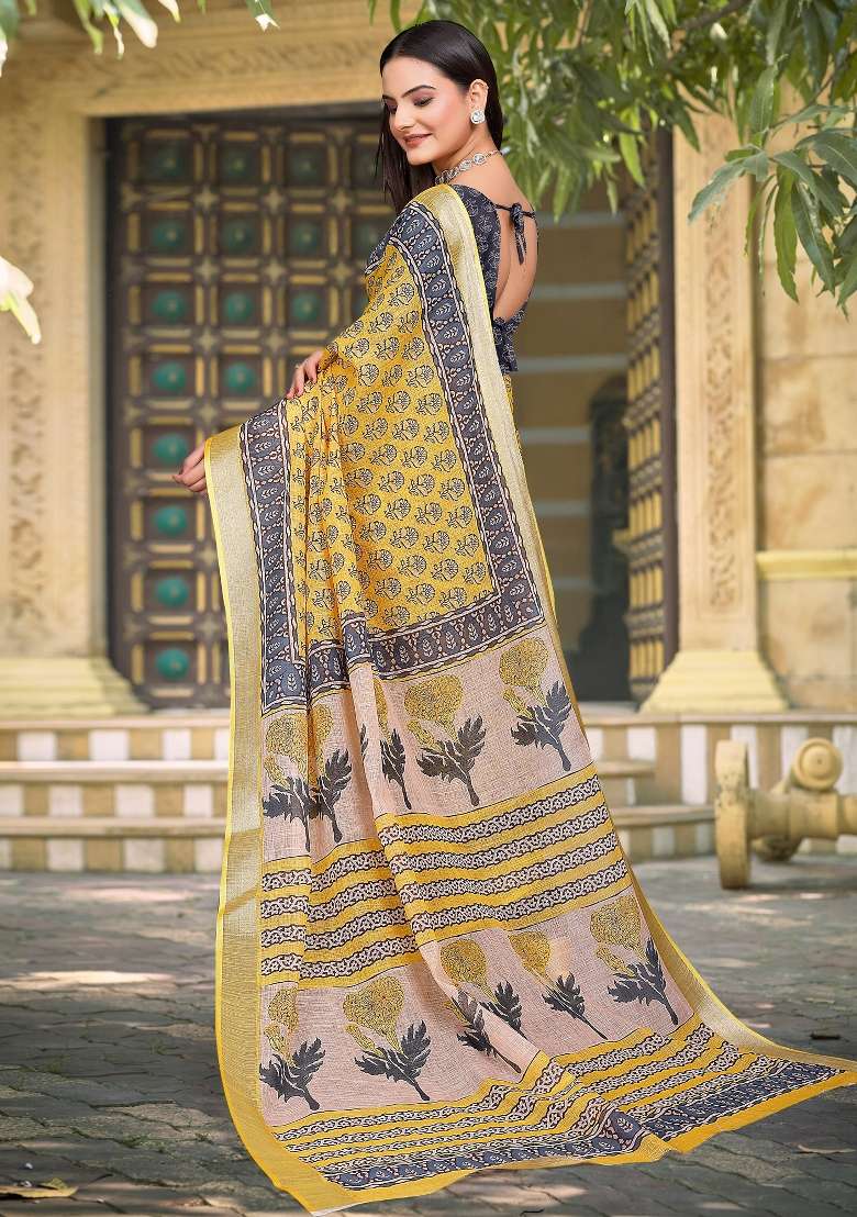 Yellow Printed Cotton Linen Saree Set - Indya