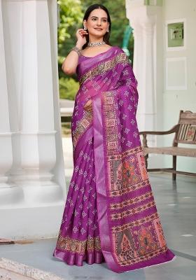 Magenta Printed Cotton Linen Saree Set