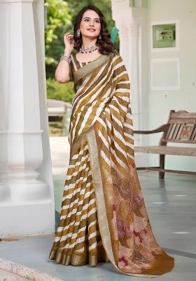 Camel Brown Printed Cotton Linen Saree Set