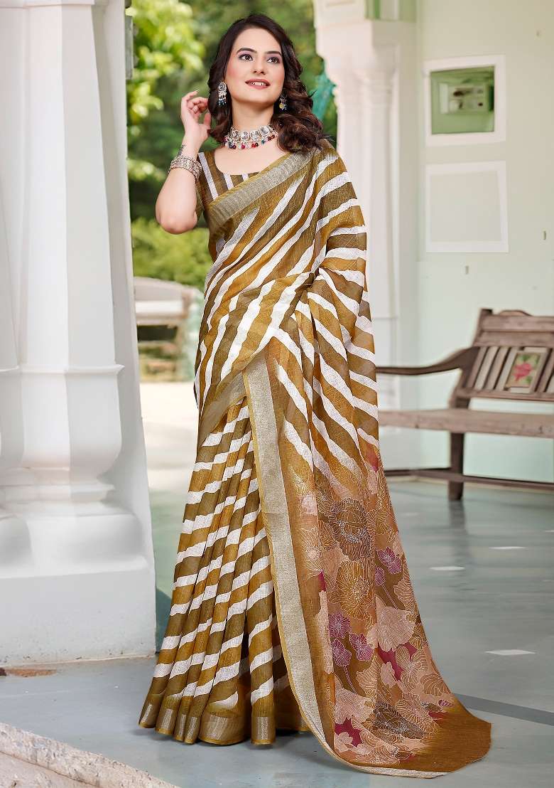 Camel Brown Printed Cotton Linen Saree Set - Indya