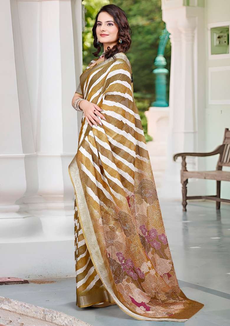 Camel Brown Printed Cotton Linen Saree Set - Indya