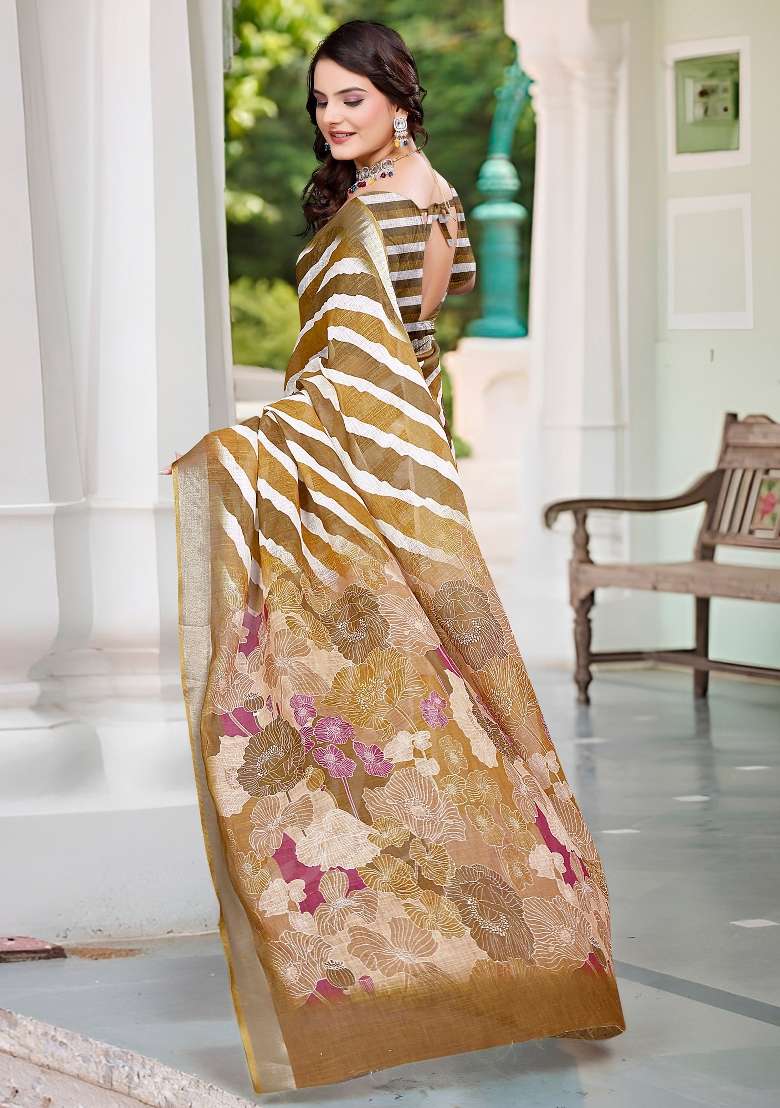 Camel Brown Printed Cotton Linen Saree Set - Indya