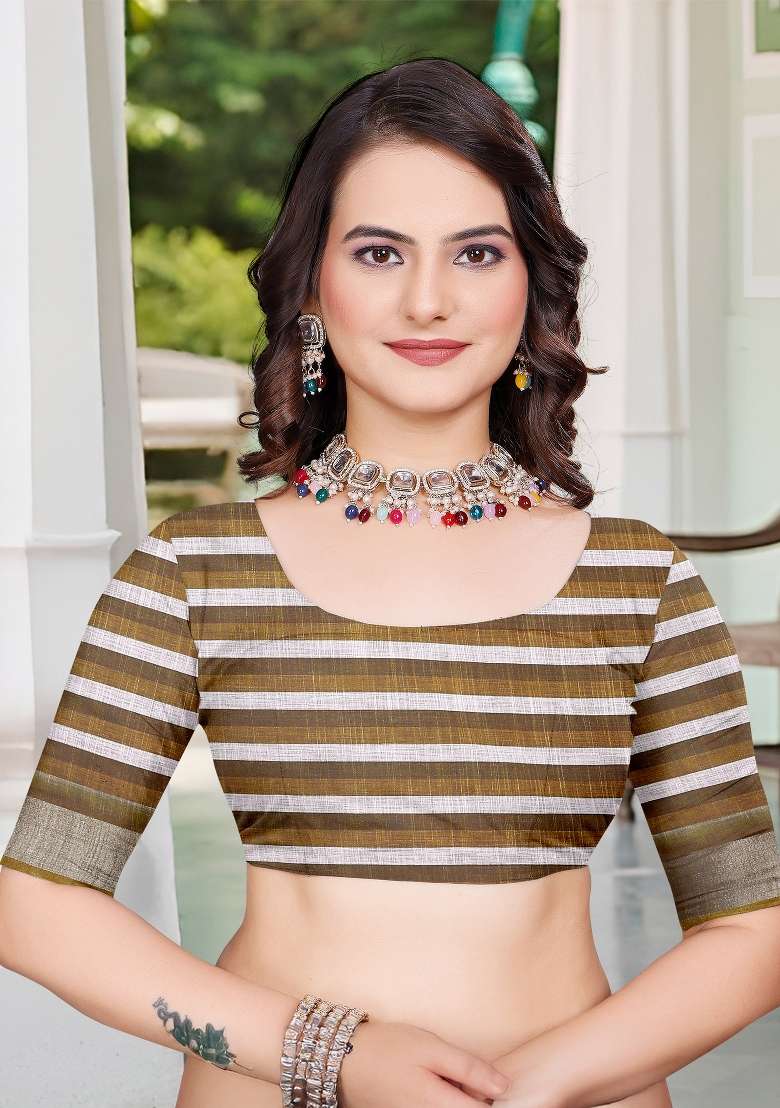 Camel Brown Printed Cotton Linen Saree Set - Indya