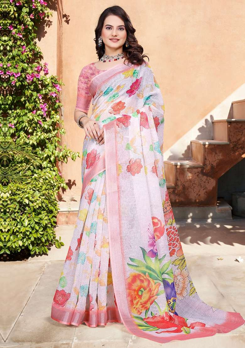 White Printed Cotton Linen Saree Set - Indya