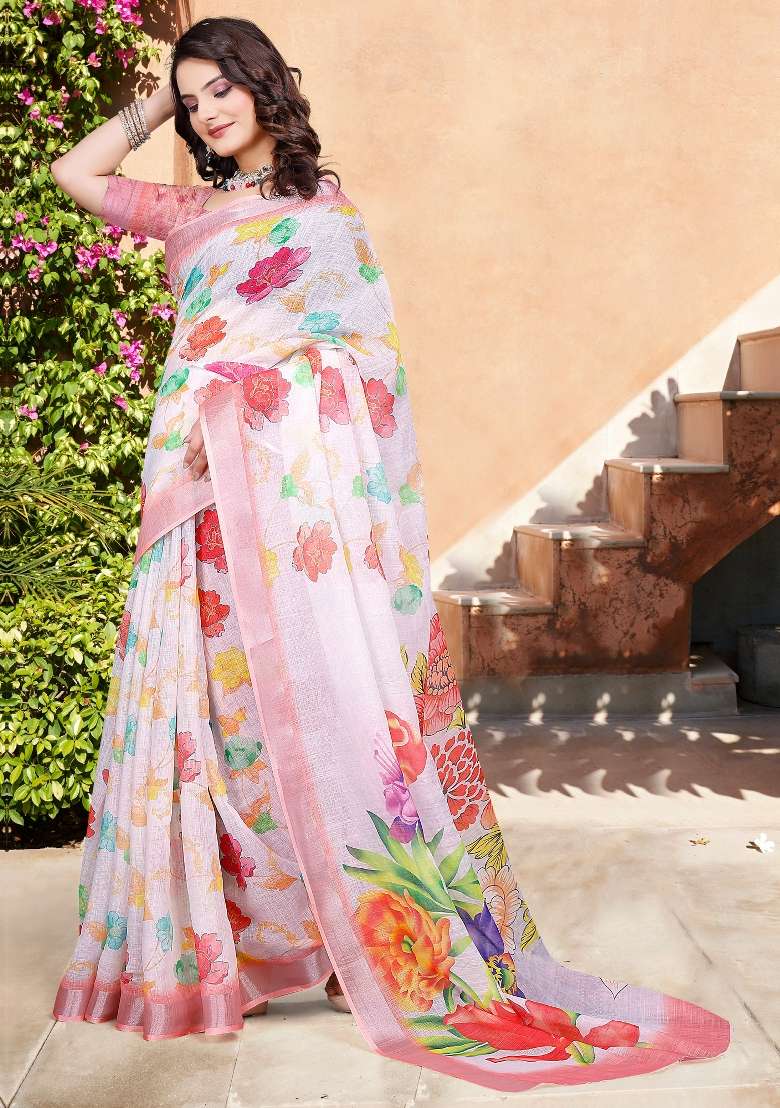 White Printed Cotton Linen Saree Set - Indya