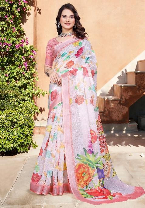 White Printed Cotton Linen Saree Set