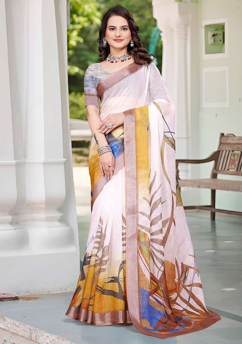 White Printed Cotton Linen Saree Set - Indya