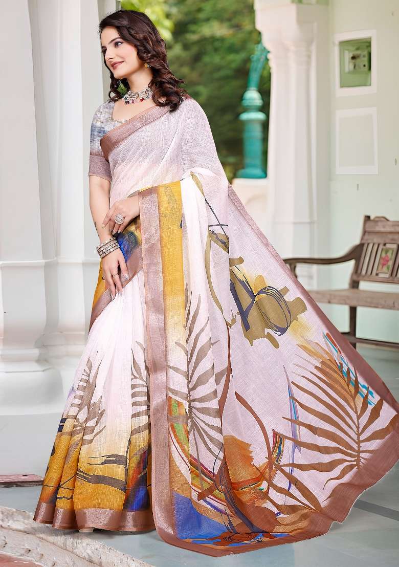 White Printed Cotton Linen Saree Set - Indya