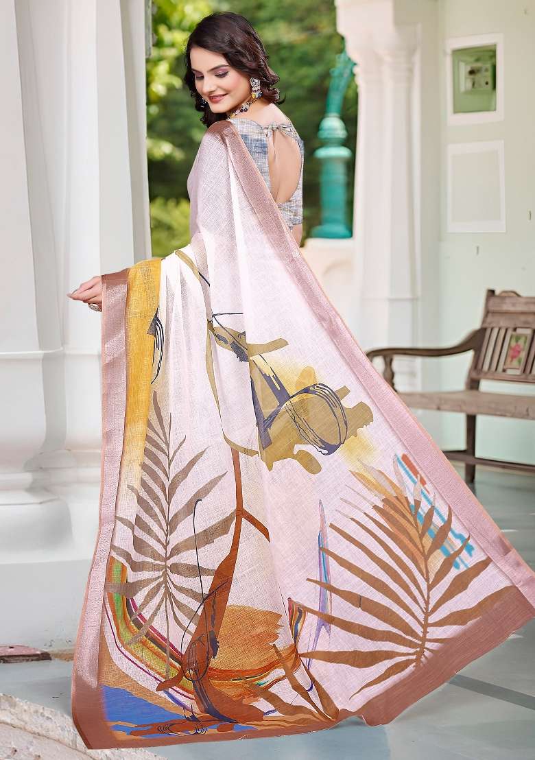 White Printed Cotton Linen Saree Set - Indya