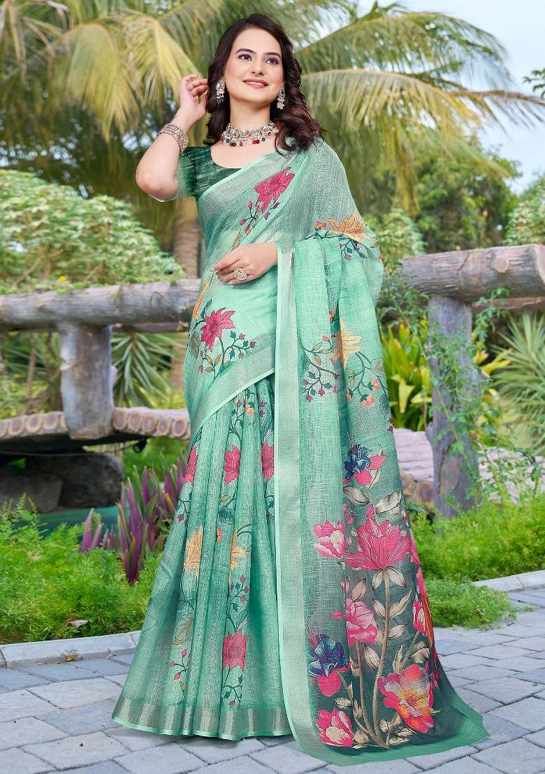 Light Green Printed Cotton Linen Saree Set - Indya