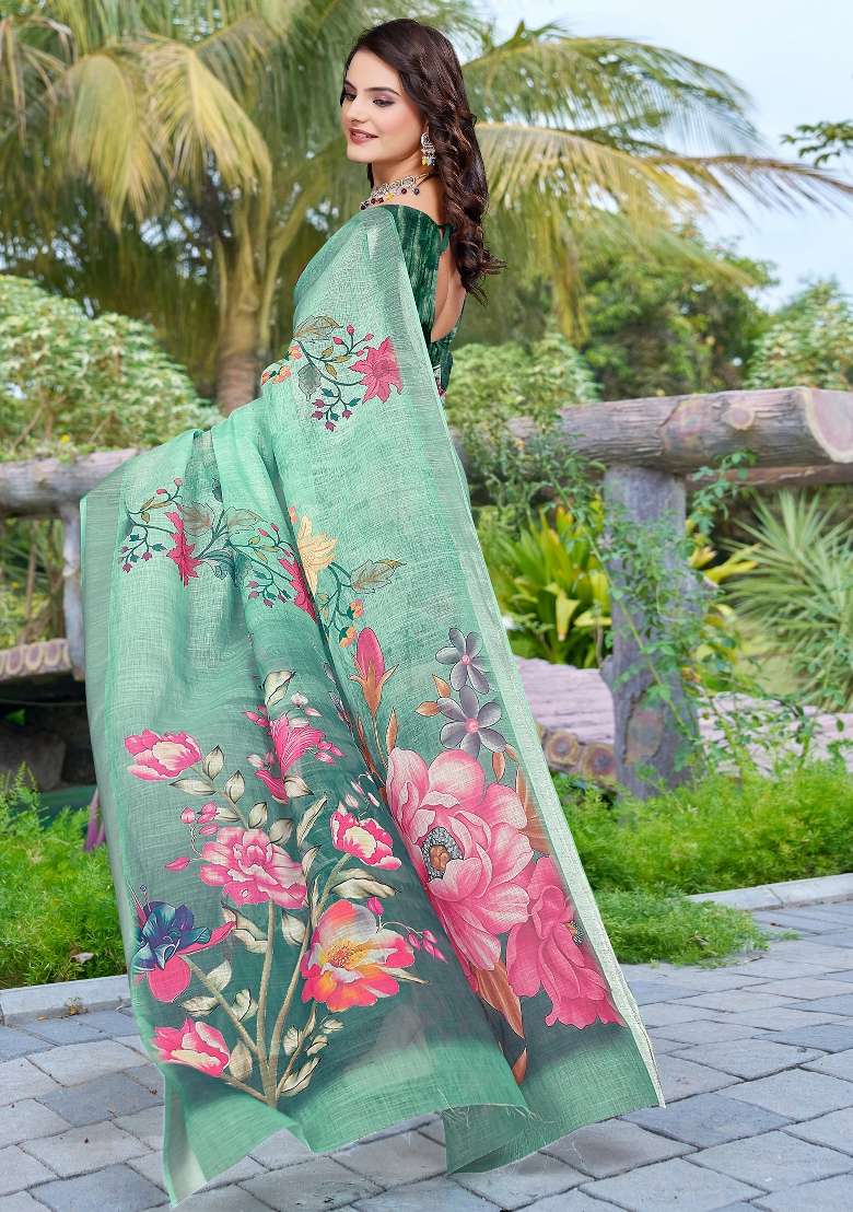 Light Green Printed Cotton Linen Saree Set - Indya