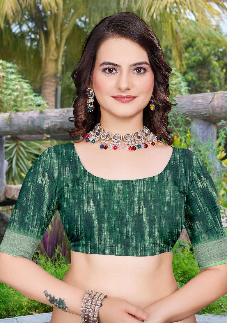 Light Green Printed Cotton Linen Saree Set - Indya