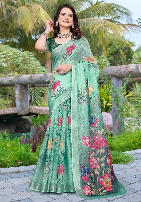 Light Green Printed Cotton Linen Saree Set — view on Indya