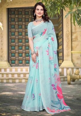 Light Blue Printed Cotton Linen Saree Set