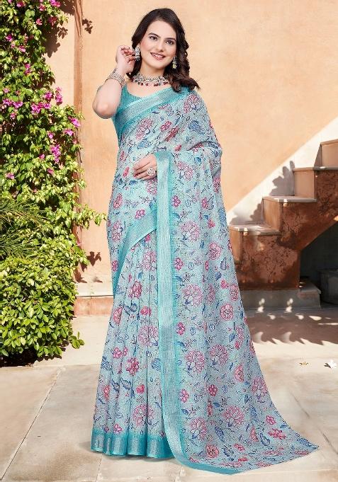 Light Blue Printed Cotton Linen Saree Set — view on Indya