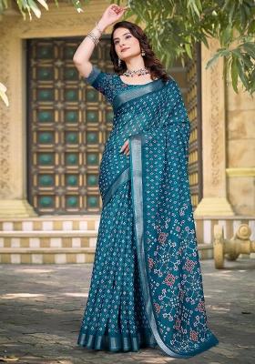 Teal Blue Printed Cotton Linen Saree Set