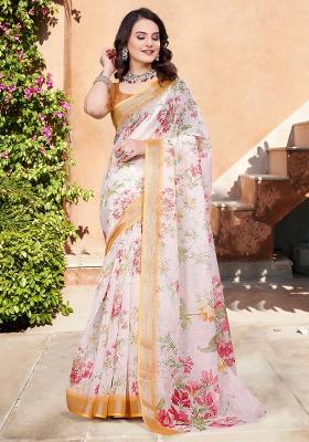 Off White Printed Cotton Linen Saree Set