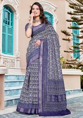 Purple Printed Cotton Linen Saree Set