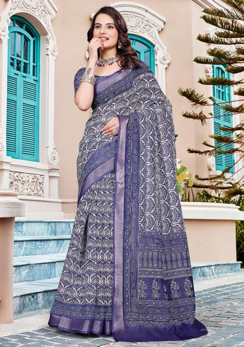 Purple Printed Cotton Linen Saree Set for Diwali and Festive Wear - Indya