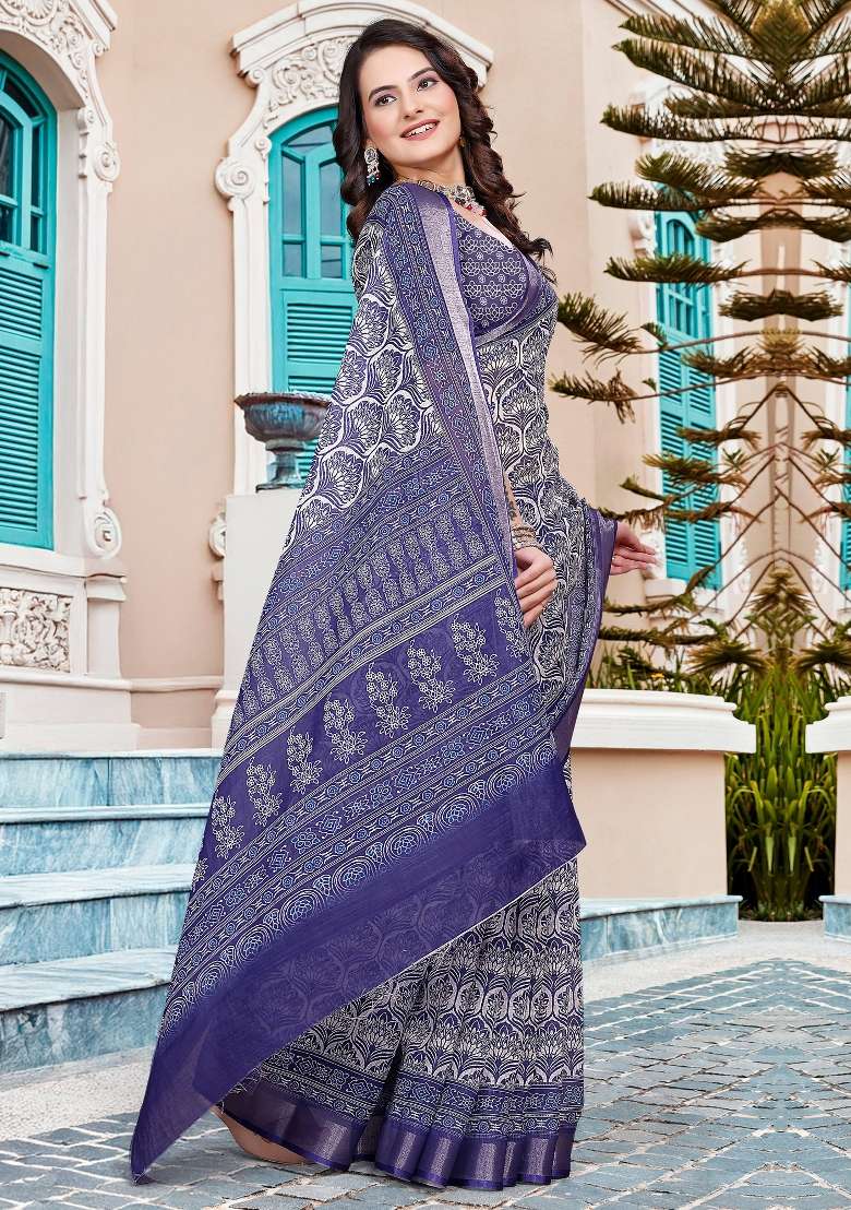 Purple Printed Cotton Linen Saree Set for Diwali and Festive Wear - Indya