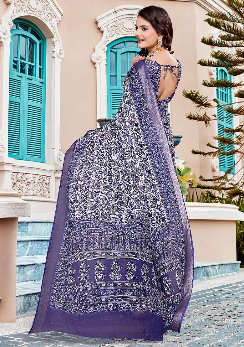 Purple Printed Cotton Linen Saree Set for Diwali and Festive Wear - Indya