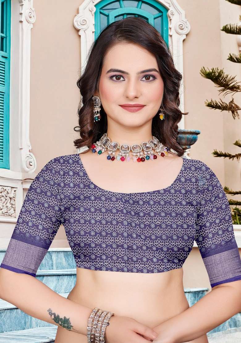 Purple Printed Cotton Linen Saree Set for Diwali and Festive Wear - Indya