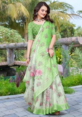 Light Green Printed Cotton Linen Saree Set